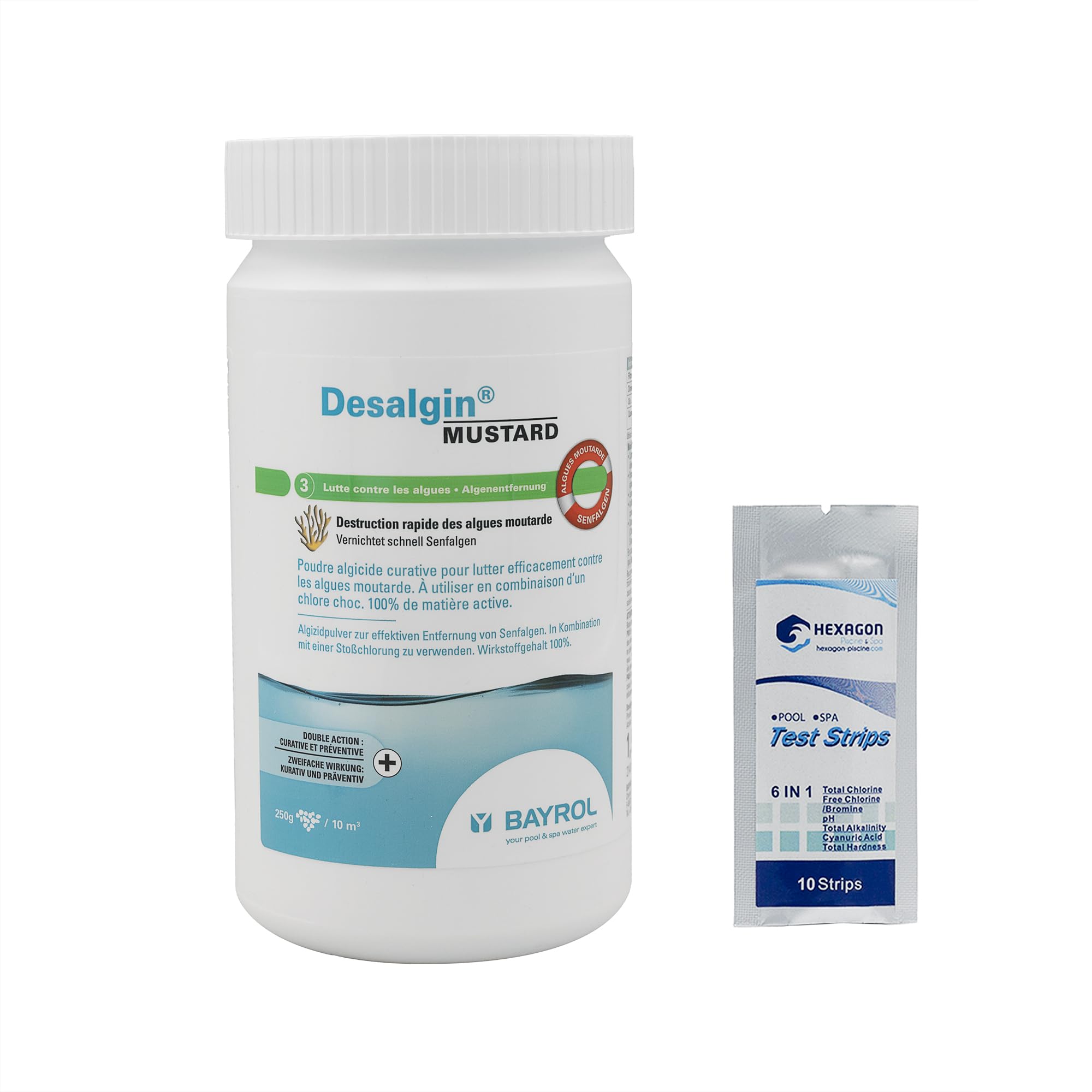 BAYROL Desalgin Mustard - 1,5kg | Anti-Algues Concentré - Destruction de l'Algue Moutarde - Double Action Curative (Choc) et Préventive + 10 Tests HPS OFFERTS 6 en 1