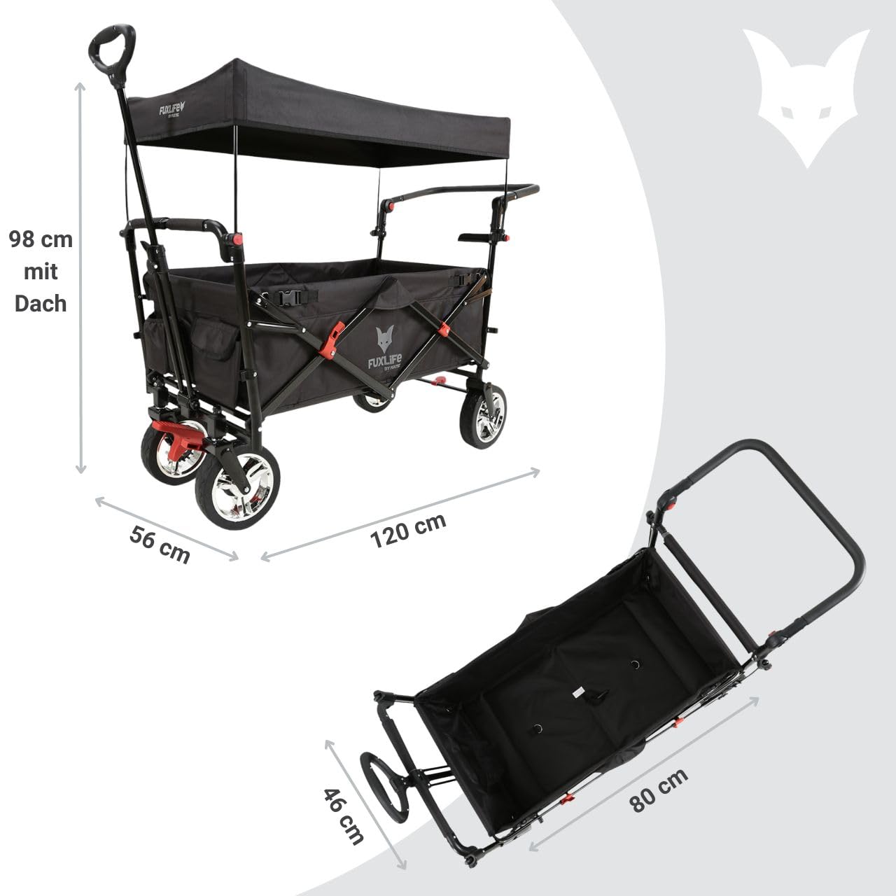 Bollerwagen faltbar FX-CT700 Schwarz • klappbarer Handwagen für Ausflug & Alltag • gepolsterter Sitzbereich • Bremsen • höhenverstellbarer Griff • platzsparender Faltbollerwagen