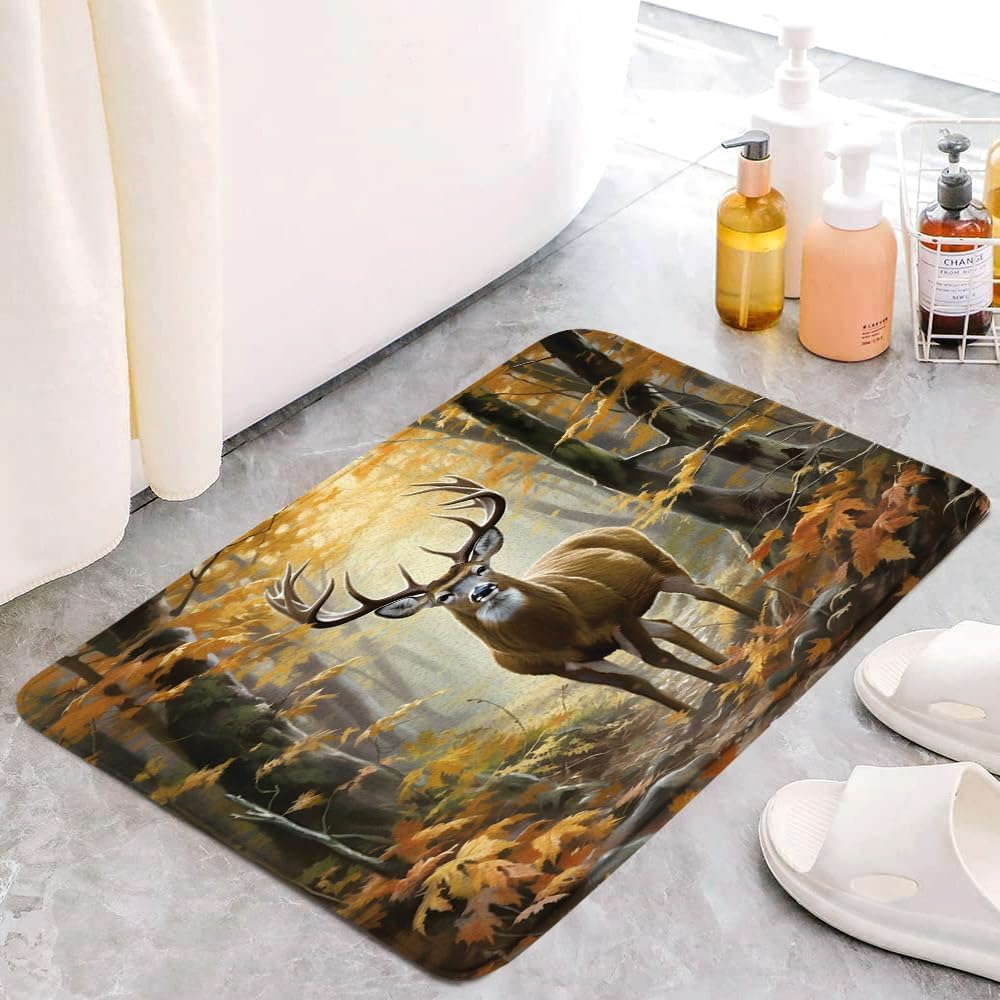 Country Rustic Bath Mat Fall Forest Deer Wildlife Hunting Nature Memory Foam Bathroom Kitchen Rug, 23.6x47.2 Inch
