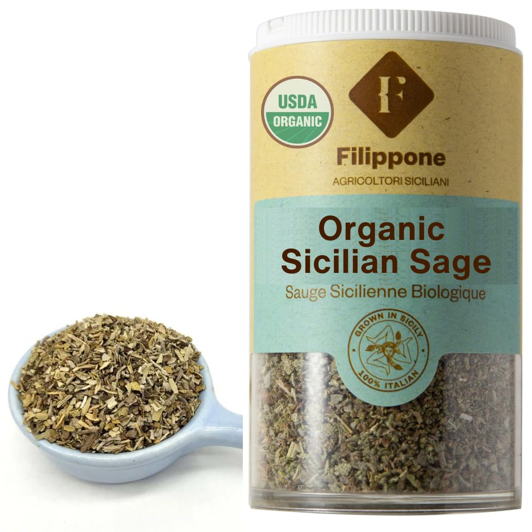 Filippone® Organic Crushed Sage, 20 g (0.70 oz), Italian Shaker Dried Sage Flakes, Freshly grown in the mountain of Sicily, Sicilian Salvia, Sage Herb