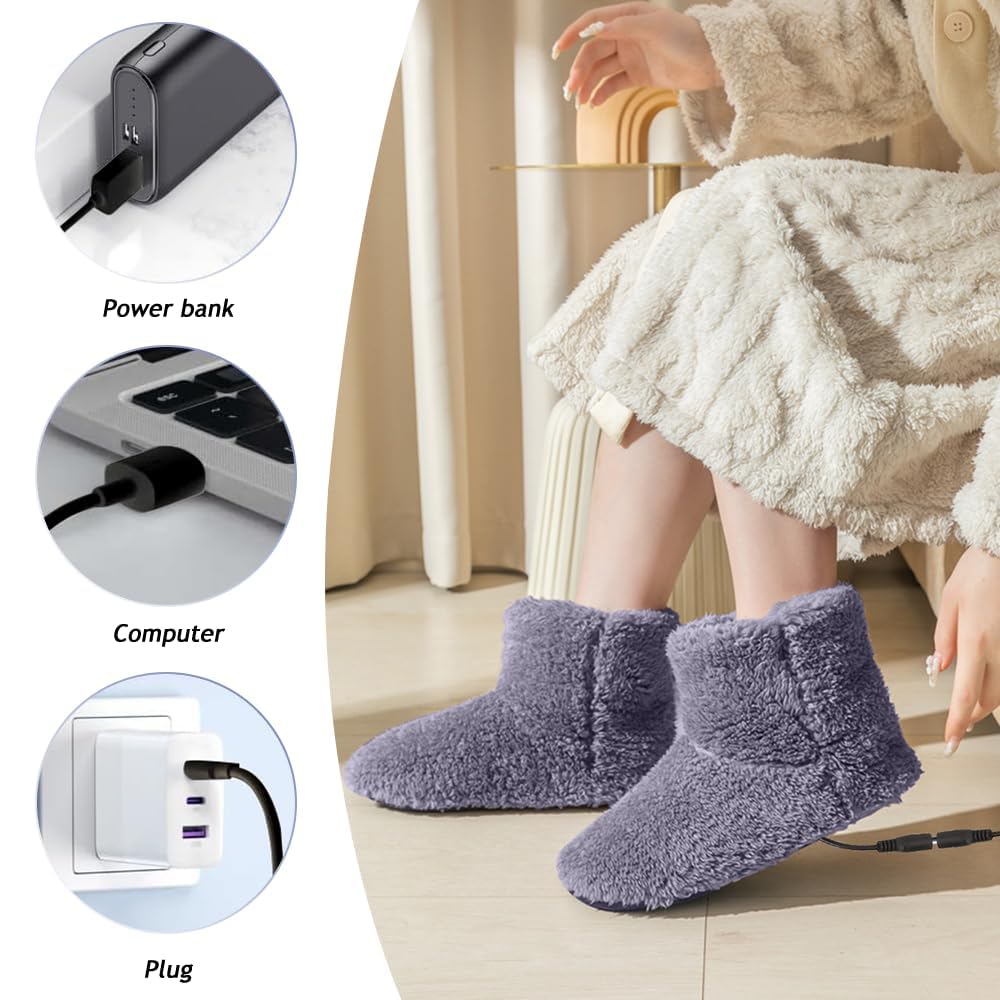 Calentador de Pies Electrico, Zapatillas Eléctricas Calentadas por USB Zapato de Felpa con Calefacción Zapatillas Calefactables Calienta Pies Electrico para Mujer y Hombre, Interior y Exterior