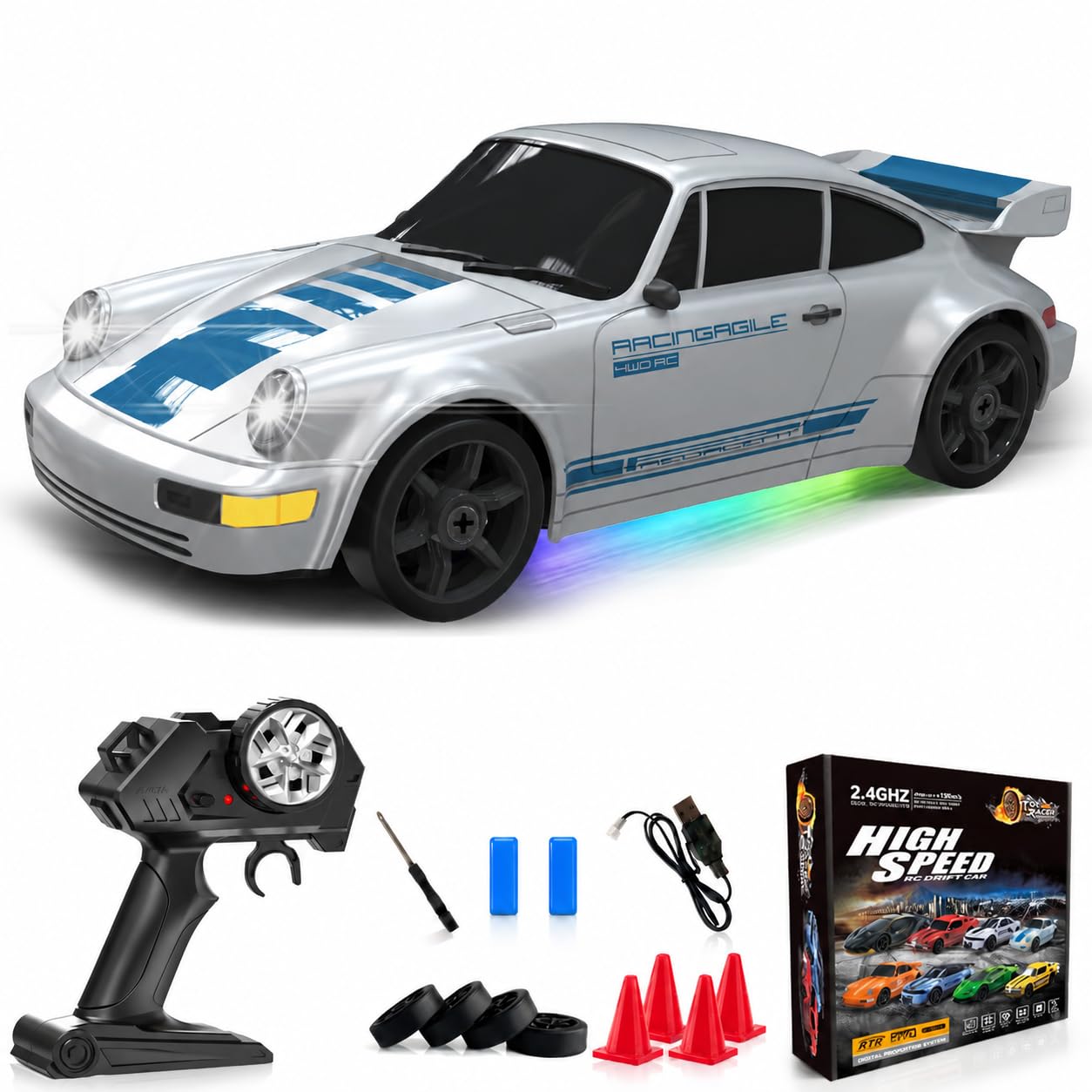 Remote Control Car RC Drift Car 2.4GHz 1:24 4WD 15KM/H High Speed Racing Sport Car with LED Lights Drifting Tire Racing Sport Toy for Adults Boys Girls Kids Gift