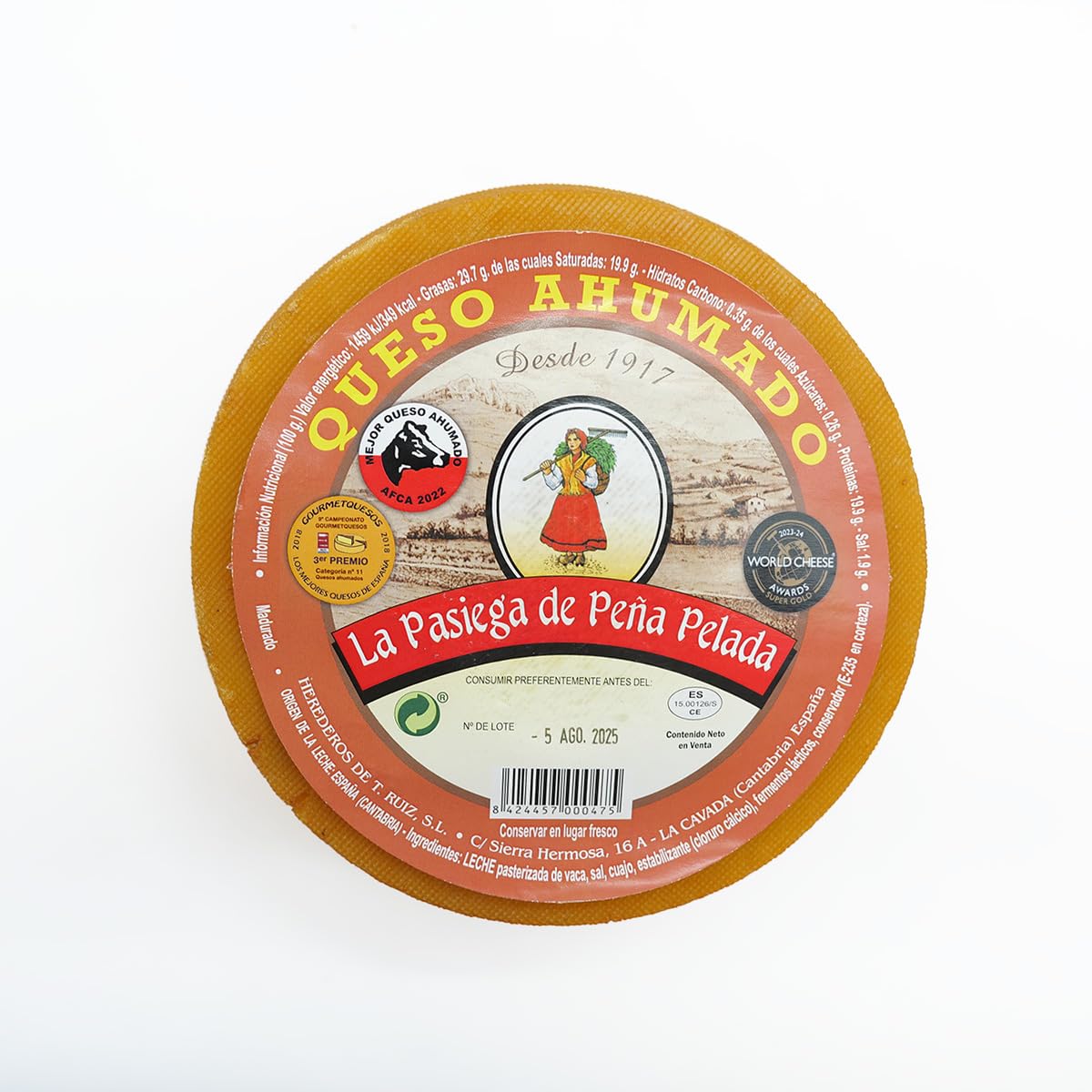 LA PASIEGA DE PEÑAPELADA Queso Ahumado Artesano, Queso redondo 3 kg (aprox) Al natural, Sabor Suave con Toque de Humo, Elaborado con Leche de Vaca Pasteurizada en Cantabria