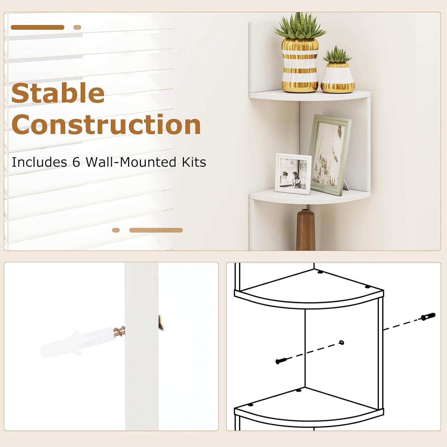 Tangkula 5-Tier Corner Shelf Wall Mount, Farmhouse Floating Corner Bookshelf, Industrial Modern Display Shelf Stand, Wooden Storage Organizer for Living Room Home Office (2, White)