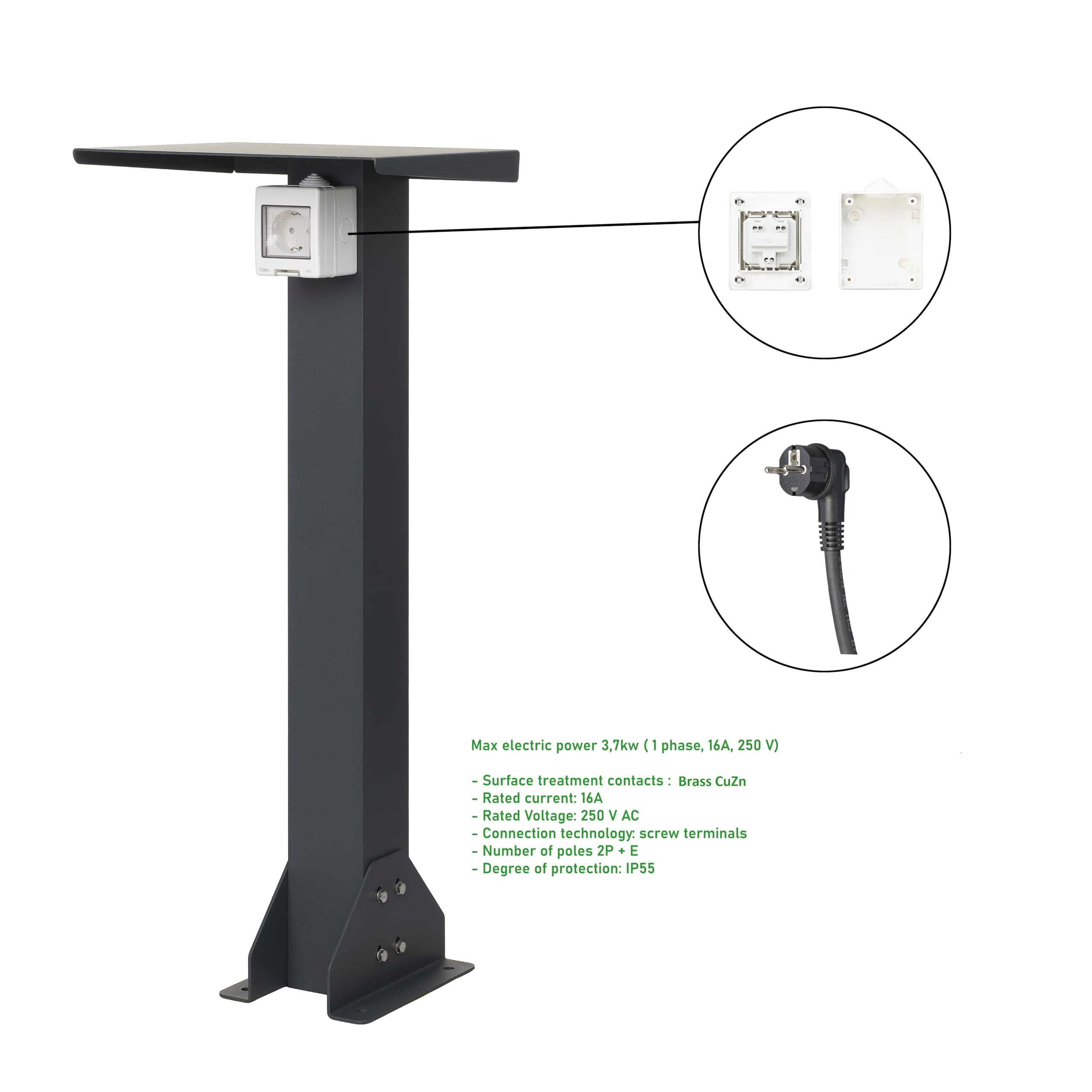 Standfuß aus Aluminium mit außensteckdose. Hochwertiger Steckdosensäule. Steckdose für aussen mit standfuß (Schuko 1F, 16A, 3,7kW)