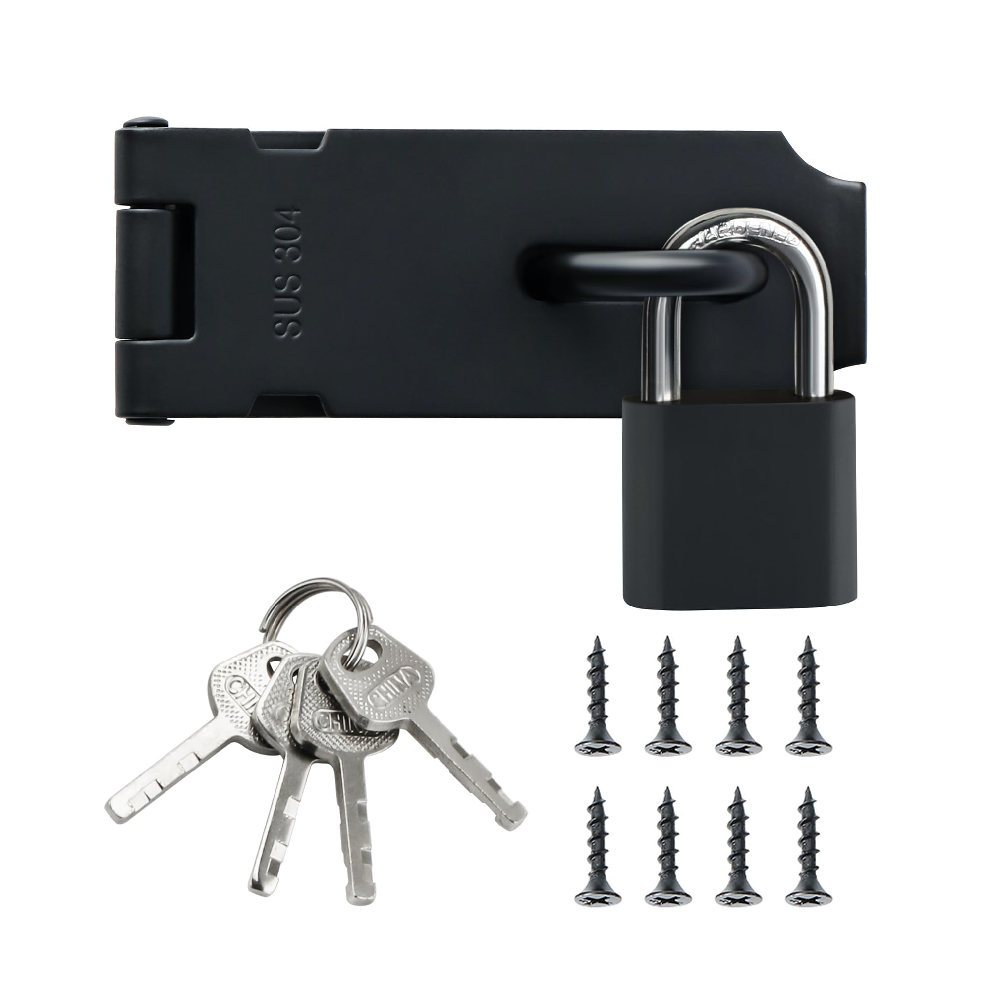 SAYAYO Türriegel Edelstahl Riegelschloss mit Vorhängeschloss Überfalle Schloss Sicherheitsüberfalle 4 Zoll Schlossriegel mit Schraube, Torriegel Schwarz für Tor, Fenster, Zaun