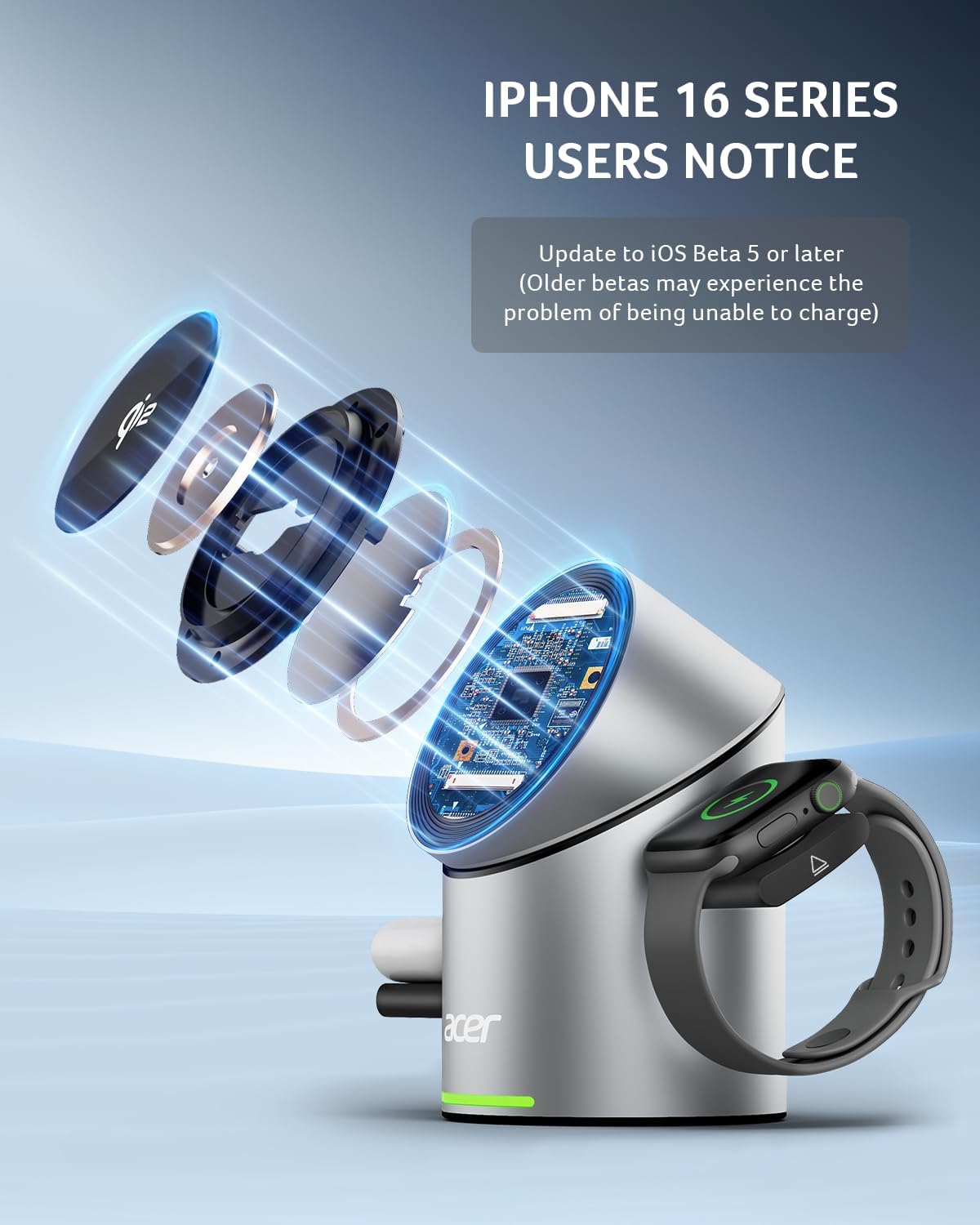 Acer S2 3-in-1 Qi2 Wireless Charging Station for Apple - 15W Fast MagSafe Charger for iPhone, Apple Watch & AirPods