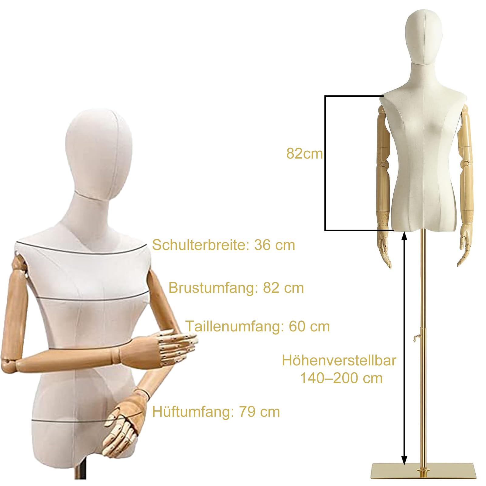 Schaufensterpuppe Weiblich Mannequin Torso，Schneiderpuppe mit hölzerne Hände，Mannequin Kleiderpuppe Torso mit Verstellbarer Höhe 140cm-200cm，abnehmbarem Kopf，Gold