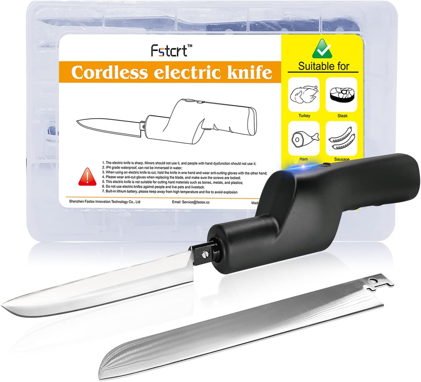 cordless electric knife, Turkey knife, Portable rechargeable lithium electric knife with safety lock, 2 Stainless Steel Blades,Used for carving meat, steak, fish, poultry, bread, Crafting Foam