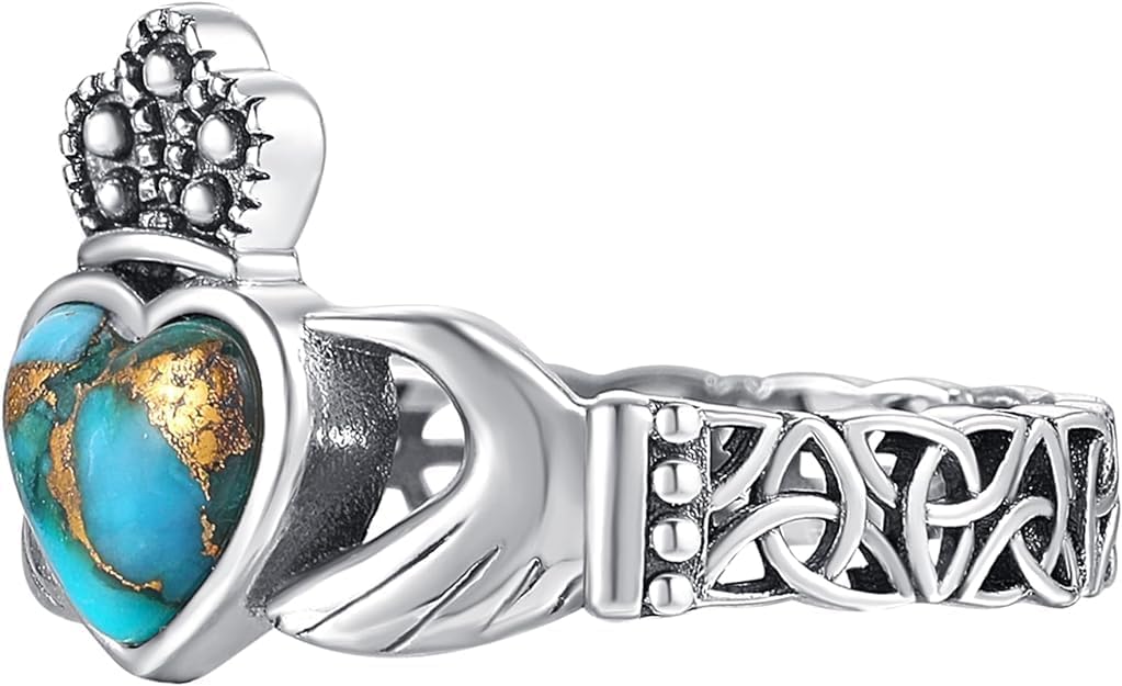 Heart Turquoise/Malachite/Black Onyx Claddagh Rings 925 Sterling Silver Celtic Knot Ring Turquoise Rings for Women Engagement Ring Irish Jewelry Gifts Size 6-9 - Image 3