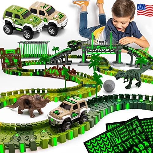 Dinosaur Glow in the Dark Race Train Track Toy for Boys & Girls Ages 3, 4, 5, 6, and 7, Let Your Kids' Imagination Bring Dino's Journey Adventure to Life (159 Pcs) DinoManiacs by JitteryGit