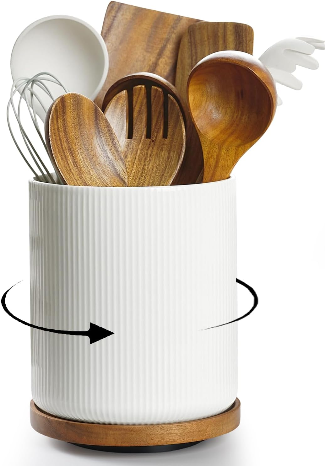 no brown swivel Utensil Holder, 360° Rotating Large Kitchen Utensil Holder, Ceramic Cooking Utensil Holder for Kitchen Counter with Rotatable and Detachable Wooden Base, UT0701