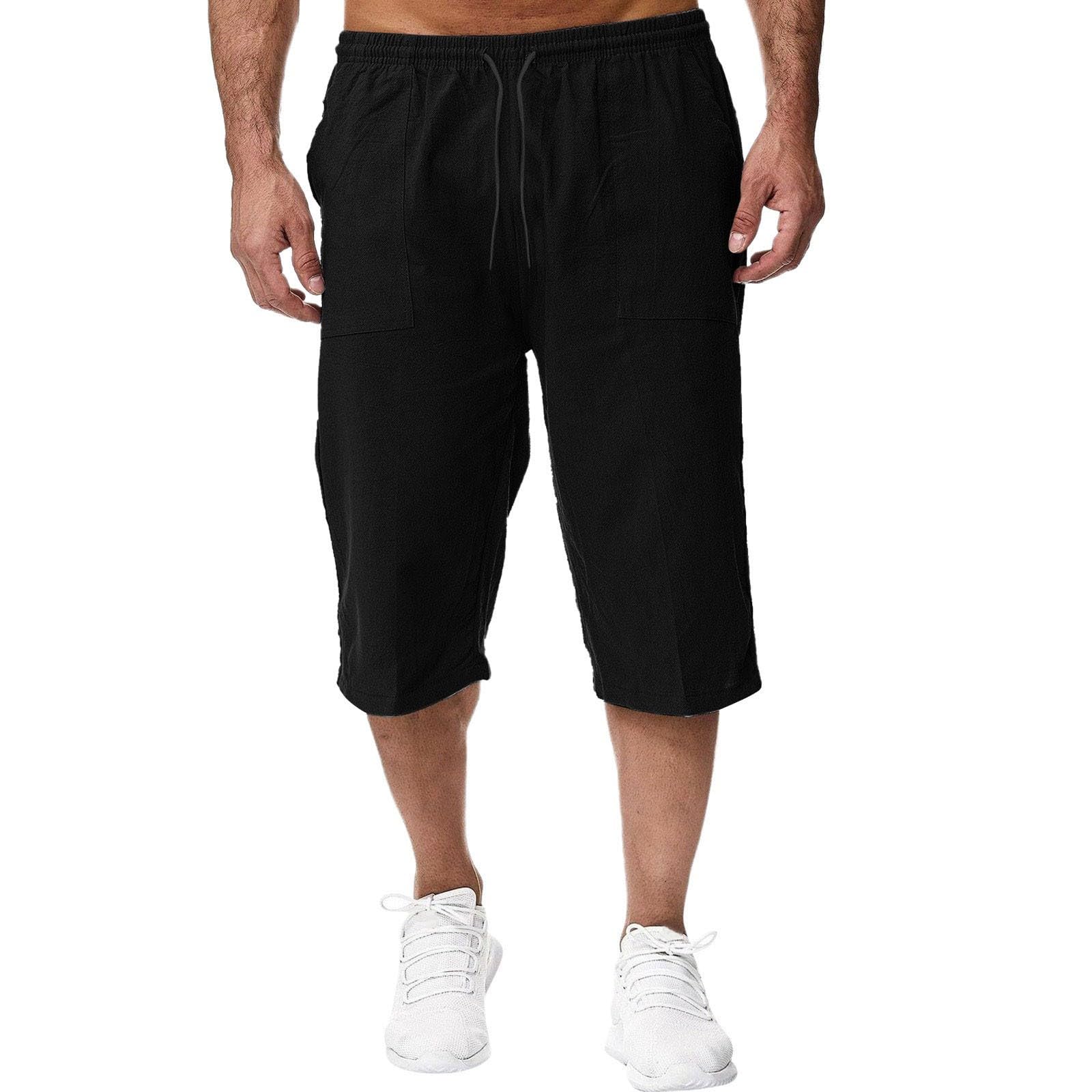 Pantalon 3/4 Homme Coton Lin, Pantacourt Homme été Leger Taille éLastique Couleur Unie Chic Pantalon de Plage avec Cordon de Serrage et Poches Short et Bermuda Casual Yoga