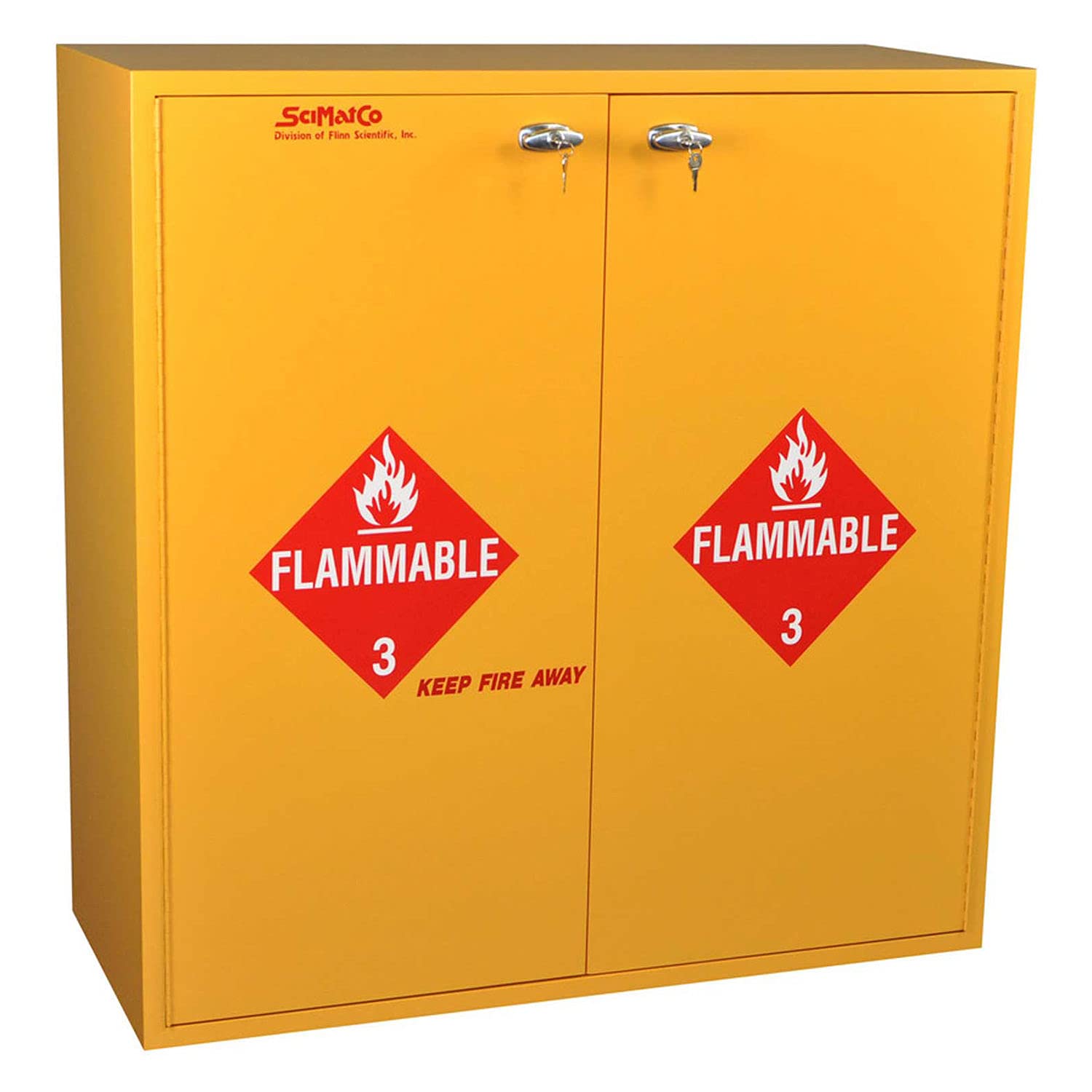 Flammable Cabinet by SciMatCo – 18"L x 43"W x 44.63"H, Multi-Ply Exterior-Grade Plywood, Yellow, Model SC7133