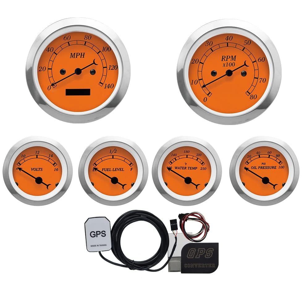 Image of MOTOR METER RACING Classic Electrical GPS 6 Gauge Set Orange Dial Black Ndl