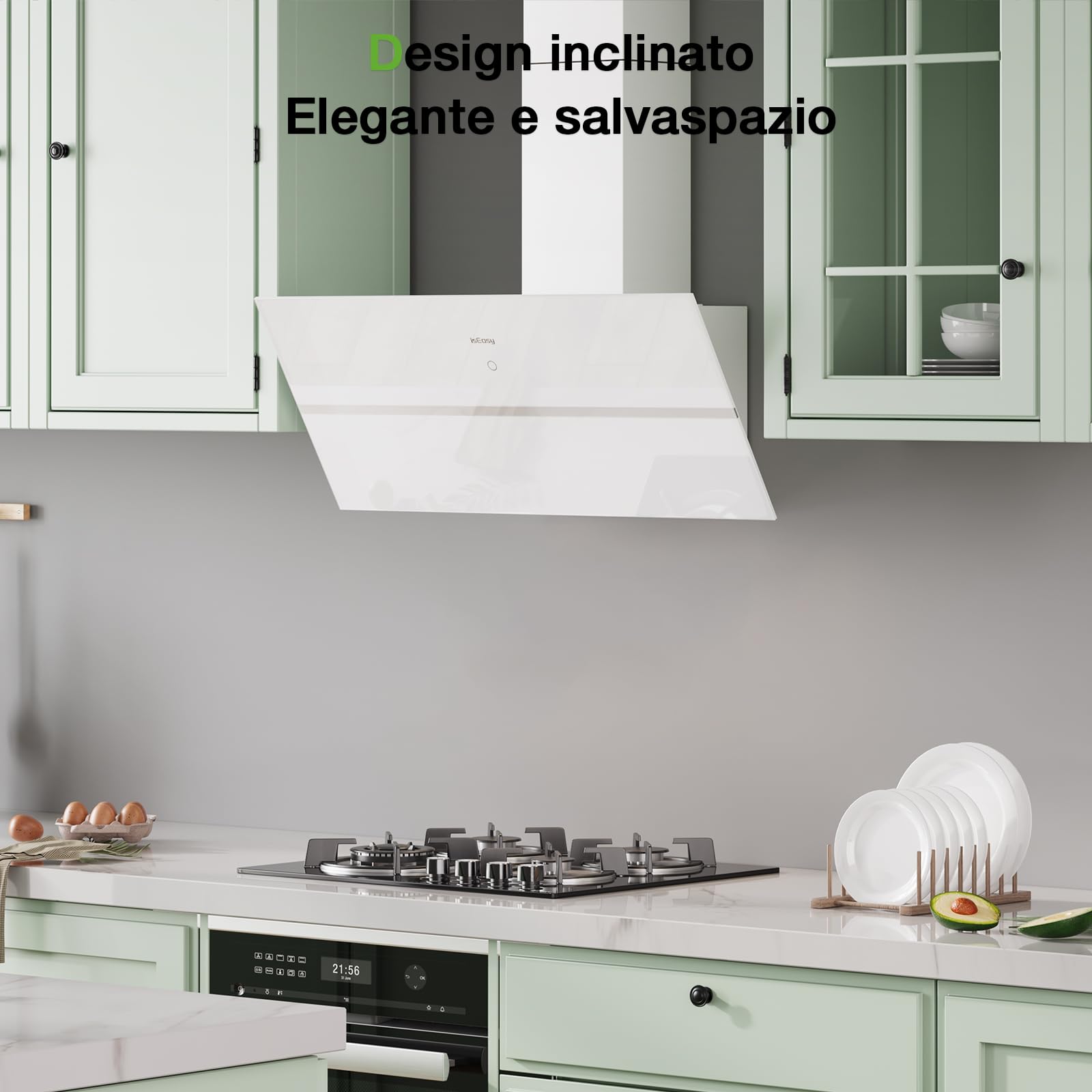 IsEasy Cappa Cucina, Cappa Aspirante 90 cm, 571 m³/h Forte Aspirazione, 4 Livelli di Regolazione, Ritenitore di Pannello, 1-9 Min Spegnimento Ritardato, Funzione di Memoria, 61 dB, Bianco, A++