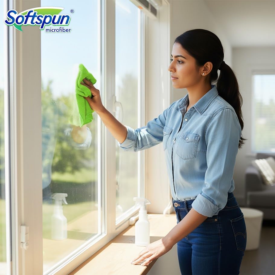 Image of SOFTSPUN Microfiber Cleaning Cloths, 5pcs 40x40cms 340GSM Green! Highly Absorbent, Lint and Streak Free, Multi -Purpose Wash Cloth for Kitchen, Car, Window, Stainless Steel, Silverware.