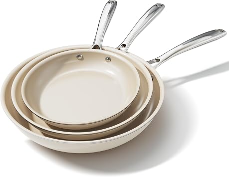 Ceramic Nonstick Frying Pans Set, Fry Pan Skillet, Non Toxic Pans for Cooking, Egg Pans,Induction Suitable,PFAS-Free Cookware, Dishwasher Safe, Oven Safe Cream White, 8+9.5+11"