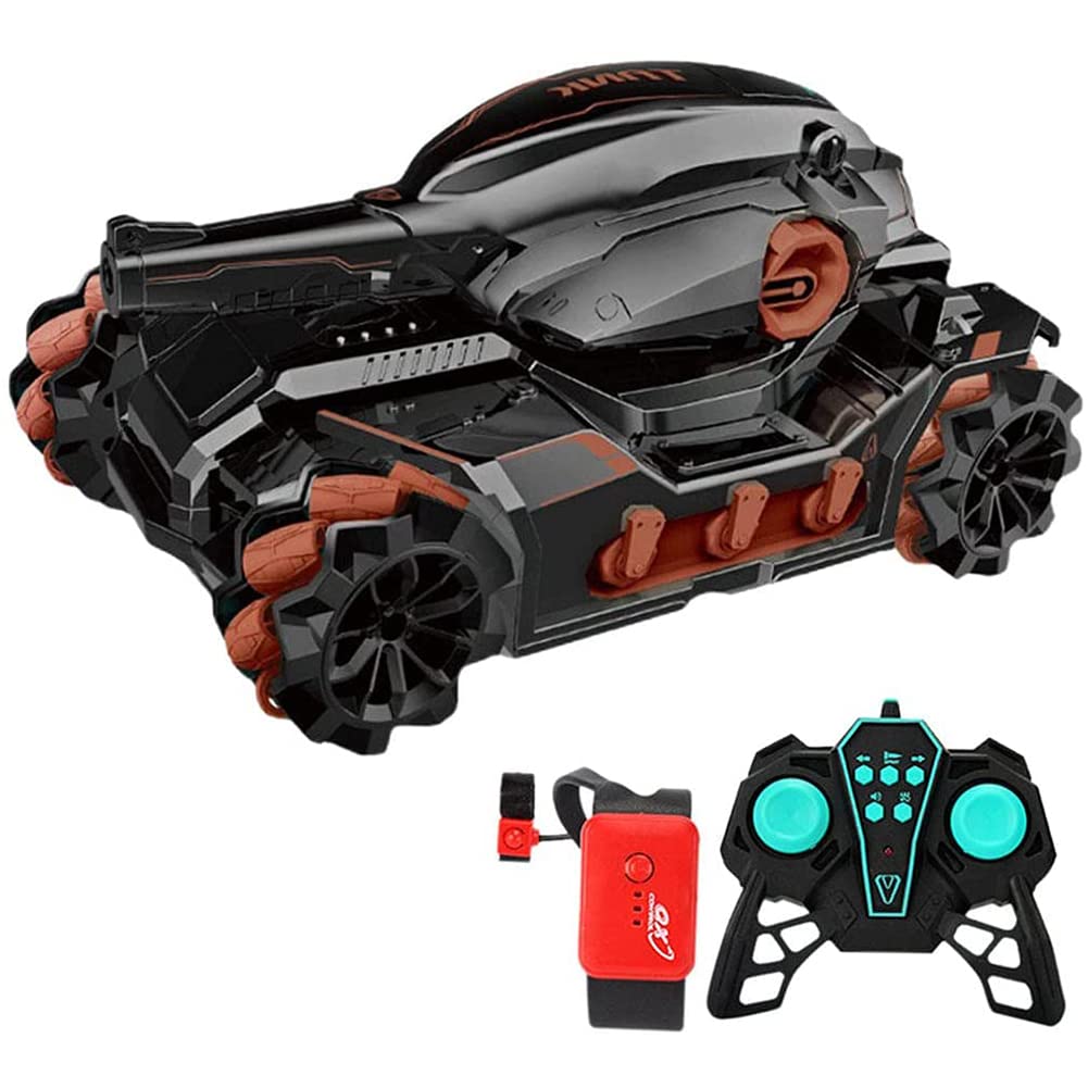 2.4Ghz Water Bomb RC Tank Toy Car Gesture Induction & Light Sound Stunt 360 Rotating 4WD 30 Min Playing Time Racing Hobby Gifts for Boys,Brown,Dual Control