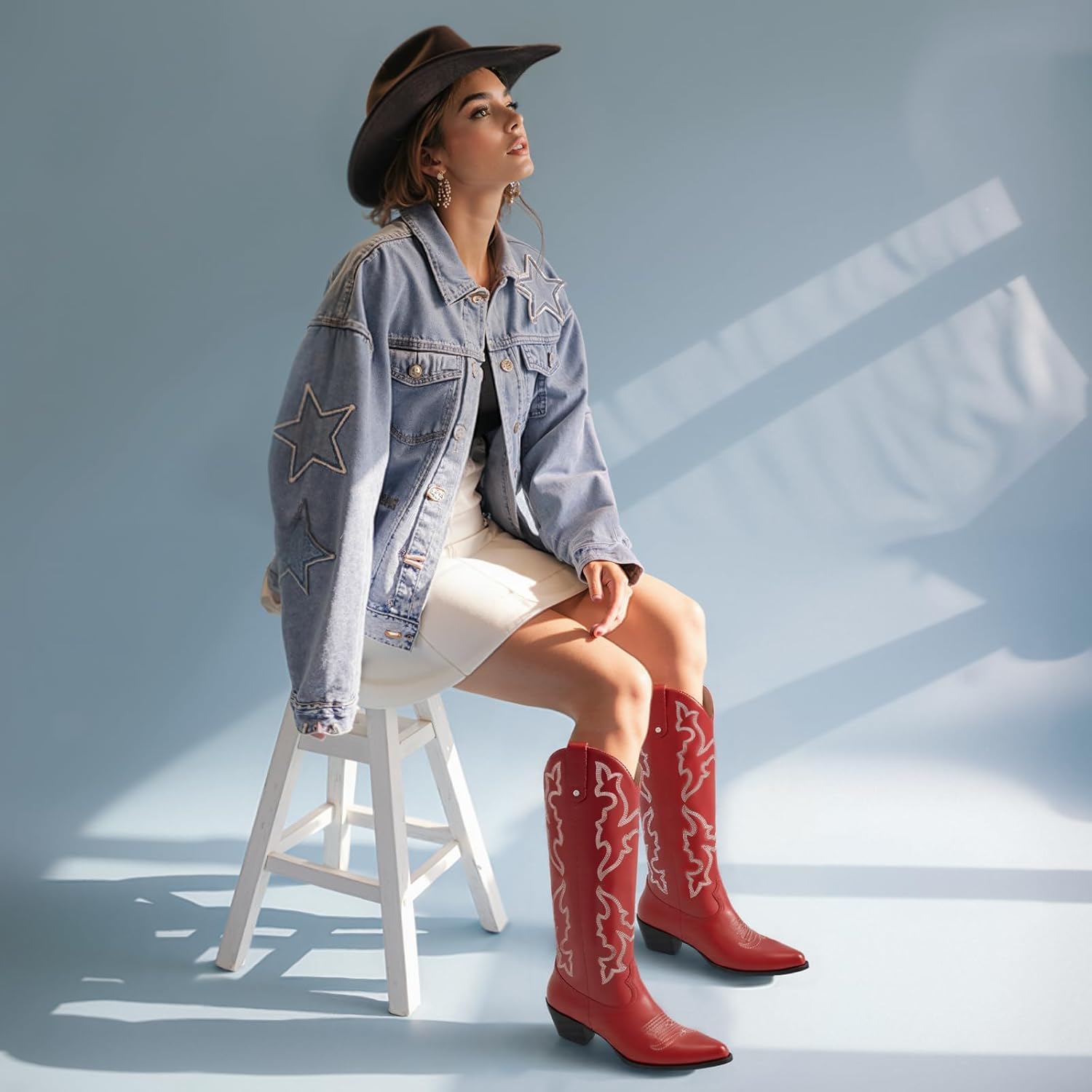 DREAMCIA Womens Red Cowboy Knee High Boots With Pointed Toe Block Heel Faux Leather Shoes for Wedding Concert