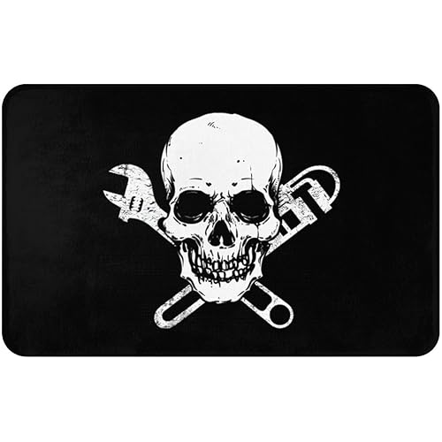 Funny Plumber Pipe-Fitter Wrench Skull Doormat for Front Door Indoor Outdoor, Non-Slip Absorbent Waterproof Entrance Rug, All-Season Patio Porch Kitchen Bath Mat, 31.5x20, Black