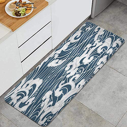 QIUTIANXIU Tapis Cuisine Devant Evier Antidérapant Tapis de Sol Absorbant Lavable Vague Japonaise Dessinée Main Style Traditionnel Aquatique Doodle Rivière Tempête Rétro Cover