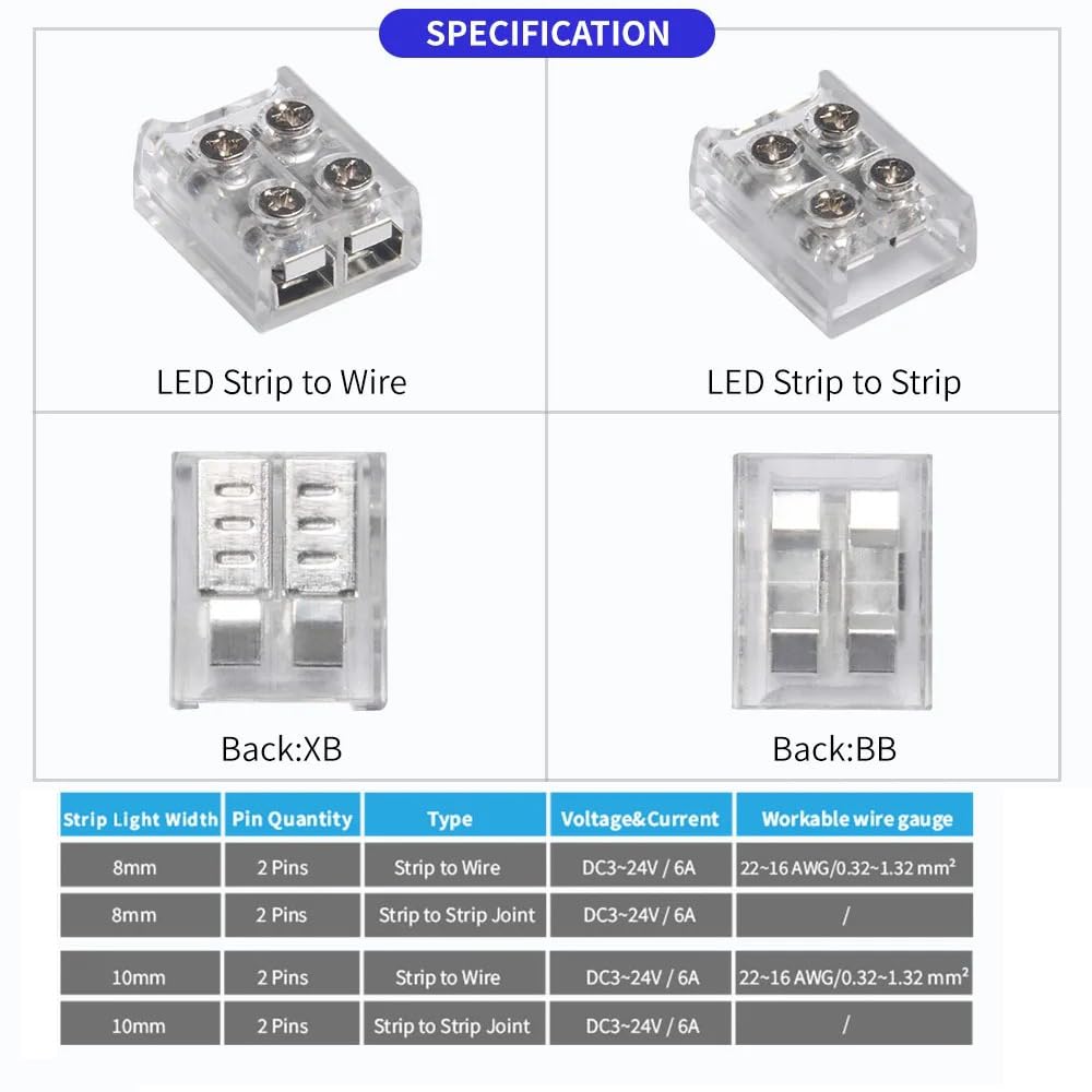 YUTOKEER Daiwu 10-teilige LED-Verbinder für LED-Streifen, 2-polig (10mm Streifen zu Streifen (8mm Kabel zu Streifen) - Image 3