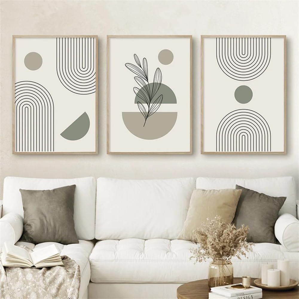 WUHBCZ Art Pictures-Boho Abstract Green Plants Leaves Geometric Line Rainbow Posters Wall Art Mural Canvas Painting Prints Pictures Living Room Home Decor-50 * 70cm/3PCS (No Frame)