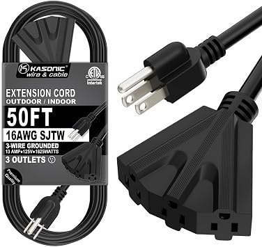 K KASONIC 50 FT 3 Outlet Outdoor Extension Cord, 16/3 Grounded Cord, Black