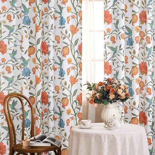 Image of JOOJA White Floral Linen Curtains, Boho Whimsical Bird Print Curtains for Bedroom Window Colorful Patterned Sheer Curtains for Living Room Kitchen 2 Panels 84 Inches Long