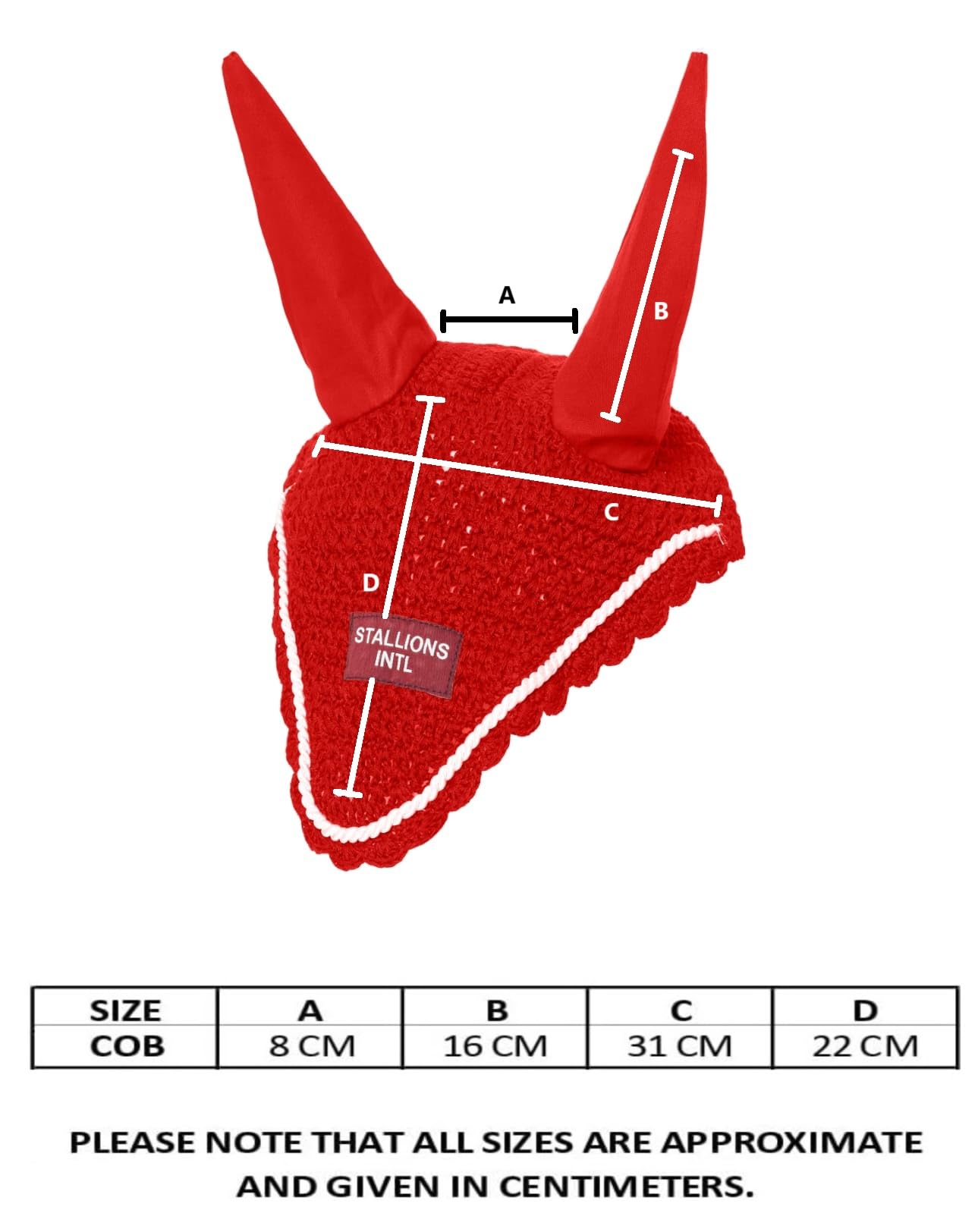 Stallions Intl Horse Ear Fly mask Bonnet Handmade Soft Crochet Cotton Ears net Veil Hood Cover Protection for Equestrian Riding Horses Training Jumping (Red)