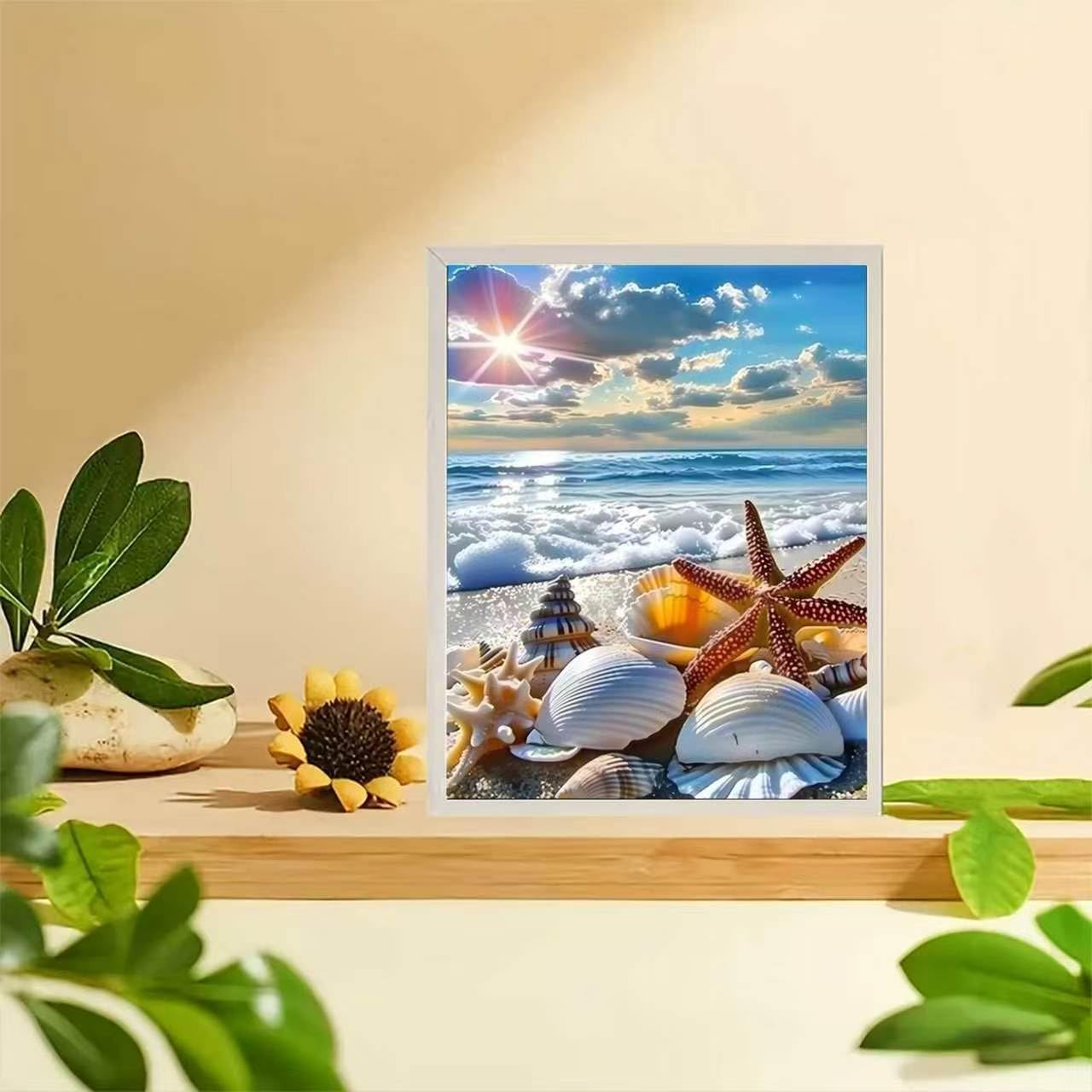 YIYITUPO Diamond Painting Kit for Adults 5D Diamond Painting for Beginners 12x16 Inch Beach Seashell Sunset Scene Full Drill DIY Diamond Art Kit Ocean Starfish Rhinestone Painting Seaside Craft Decor