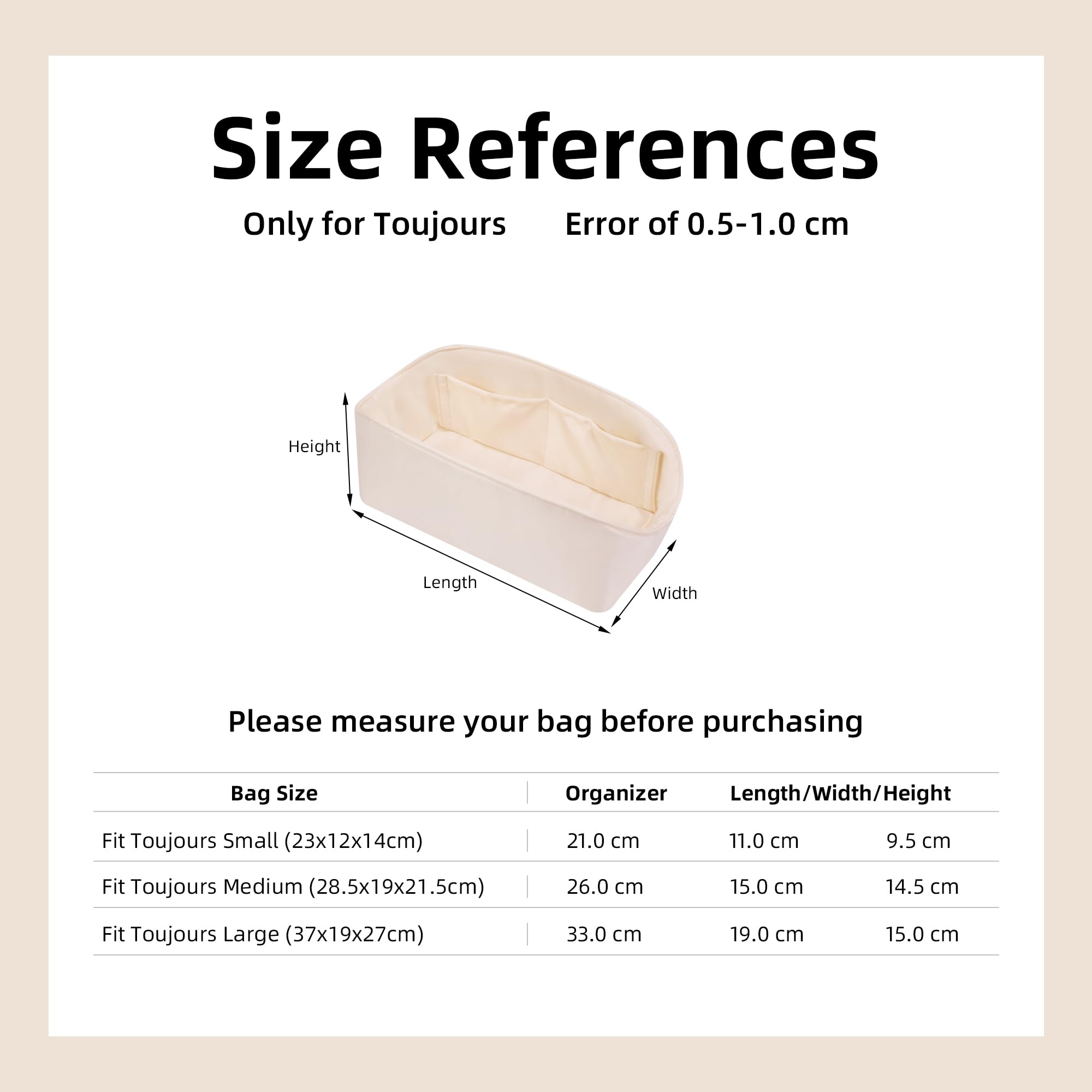 DGAZ Organizador Interior para Toujours Large, Inserto de Satén, Craie | Inserto de Satén de Lujo, Ajuste Perfecto, Protección Suave, Ligero