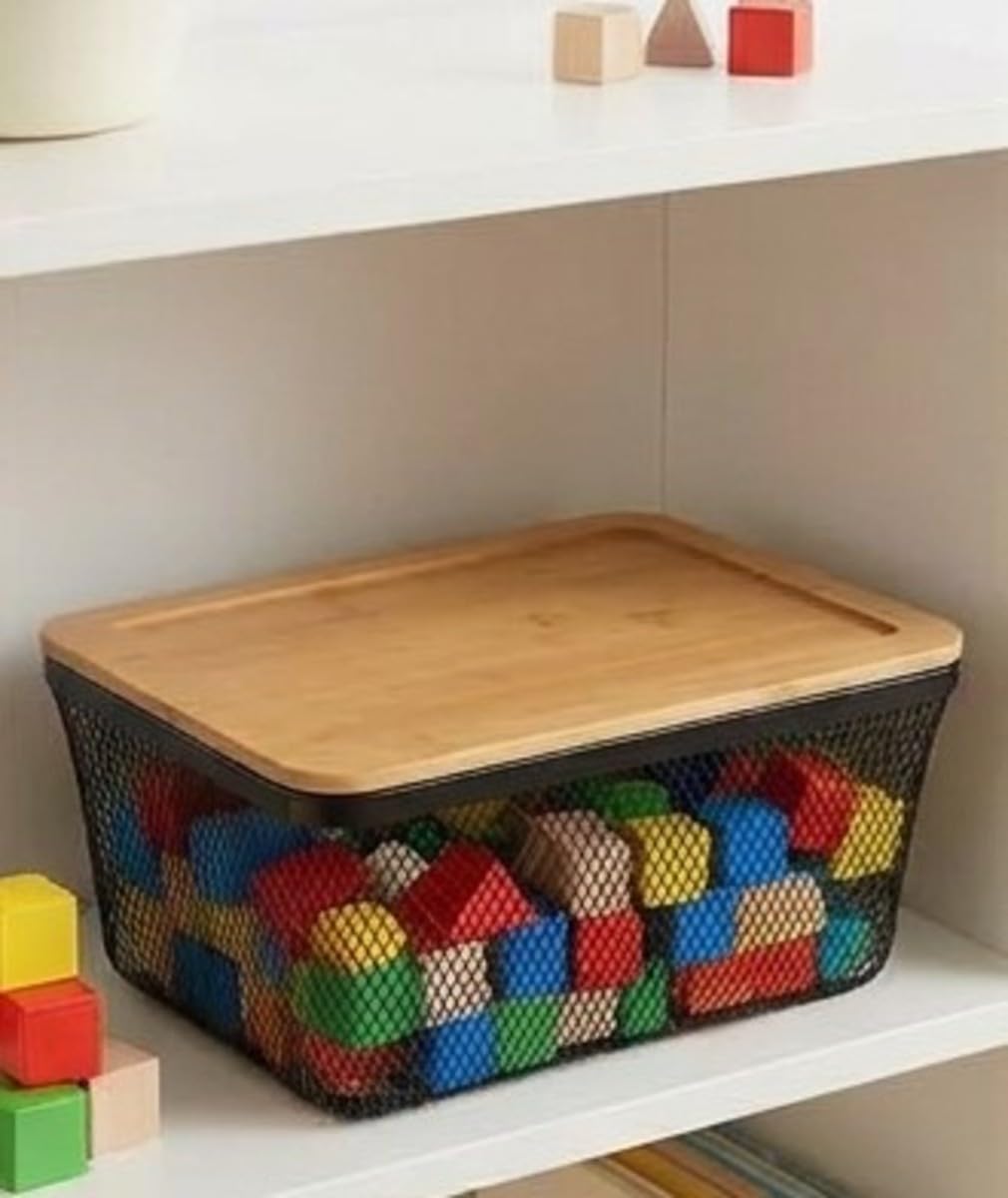 Metal Mesh Storage Basket with Bamboo Lid, Black, Stackable, Rust-Resistant, 30.8 x 21 x 13.8 cm-image-1