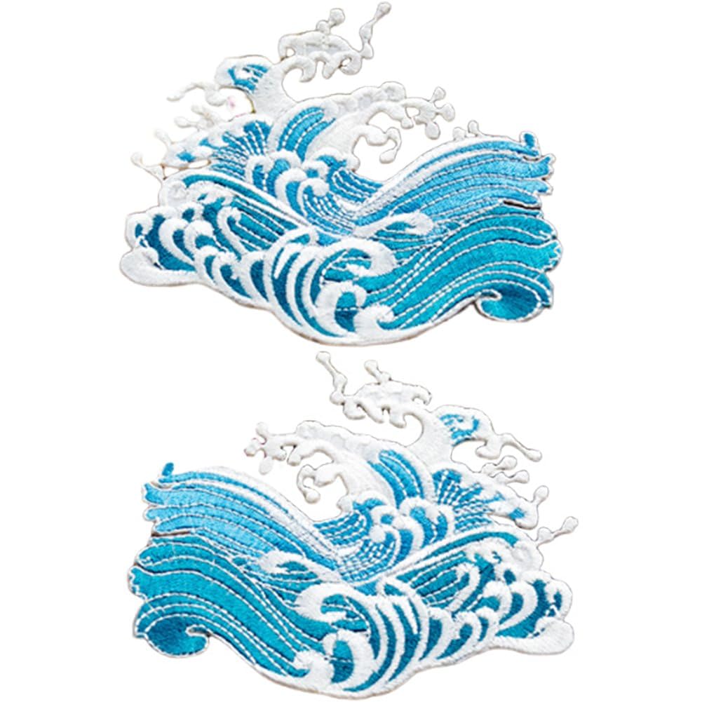 Ppmter 2 Pcs Ocean Wave Iron on Patches Embroidered Applique, Blue Ocean Sew on Embroidery Patches for Clothes Hats Bags Diy Sewing Craft Decoration