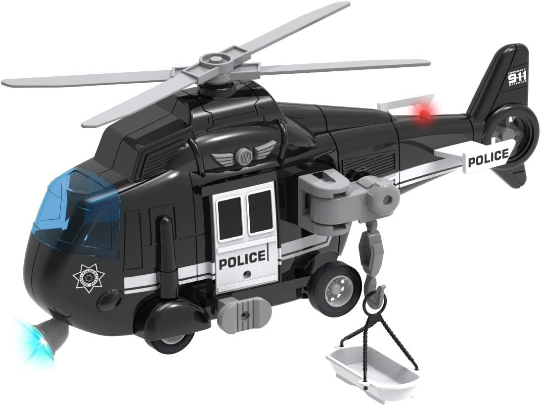 Liberty Imports Police Rescue Helicopter Friction Powered Toy Vehicle for Boys | Push and Go Chopper with Pretend Play Action Lights and Sounds