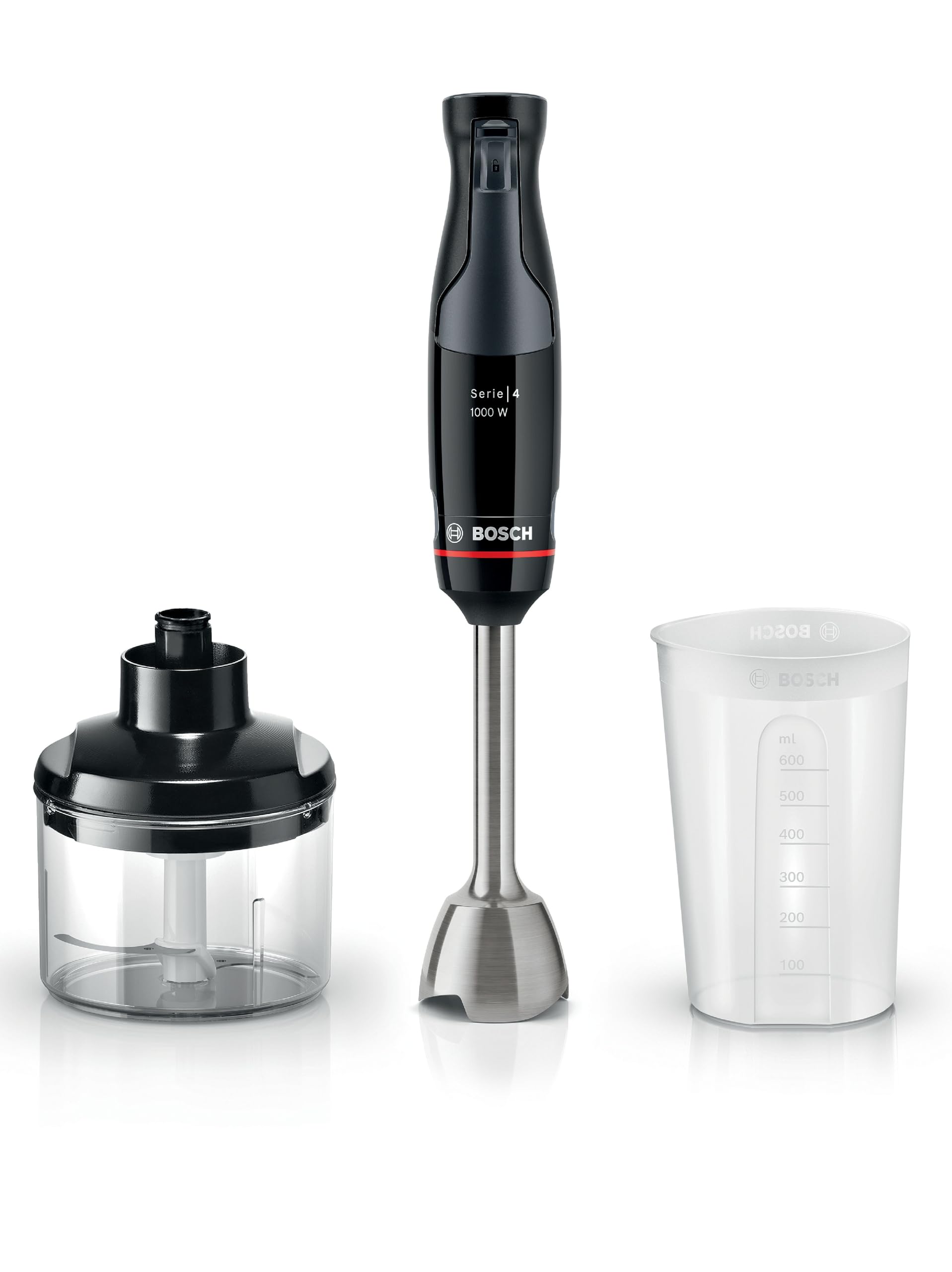 Bosch MSM4B620 Frullatore a Immersione, Potente, 1000 Watt, Accessori, Nero | ErgoMaster Serie 4, Frullatore a Immersione, Regolazione Dinamica della Velocità, 4 Lame in Acciaio Inox, Made in Europe