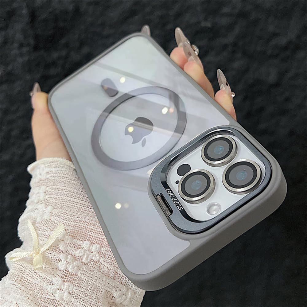 Magnetyczne etui odporne na wstrząsy do iPhone'a 17 16 15 14 Plus 13 12 11 Pro Max, podstawka Funda, szklana osłona obiektywu, szara, do iPhone'a 16