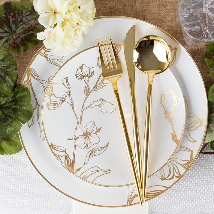 Nicole Faniti 7.5 Inches White with Gold Antique Floral Disposable Plastic Plates For Thanksgiving - Perfect For Weddings & All Celebration : 60 Count