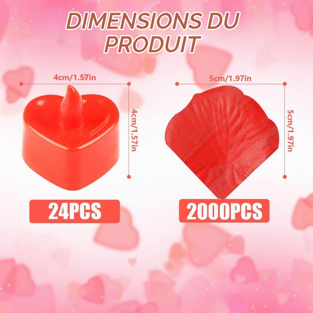 Bougie Cœur LED 24 Pièces, Bougies Romantiques LED avec 2000 Pétales de Rose Artificiels, Bougie LED Chauffe Plat pour Mariage Saint-Valentin Fiançailles Table Deco, Lumière Jaune Chaude