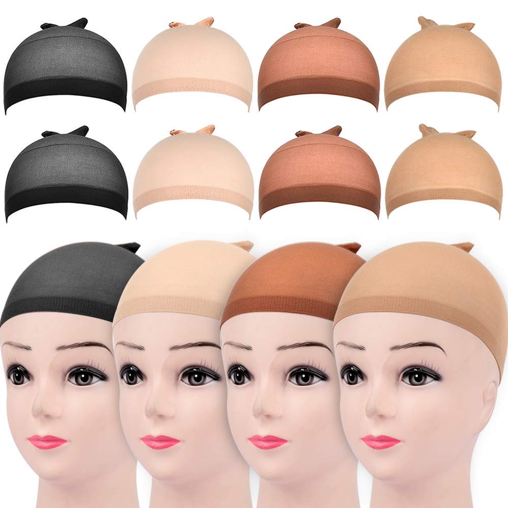 LECCEE 8pcs Wig Caps, Stretchy Lightweight Soft Cap for Women Wig, 4 Colors, Dark Brown, Light Brown, Beige, Black