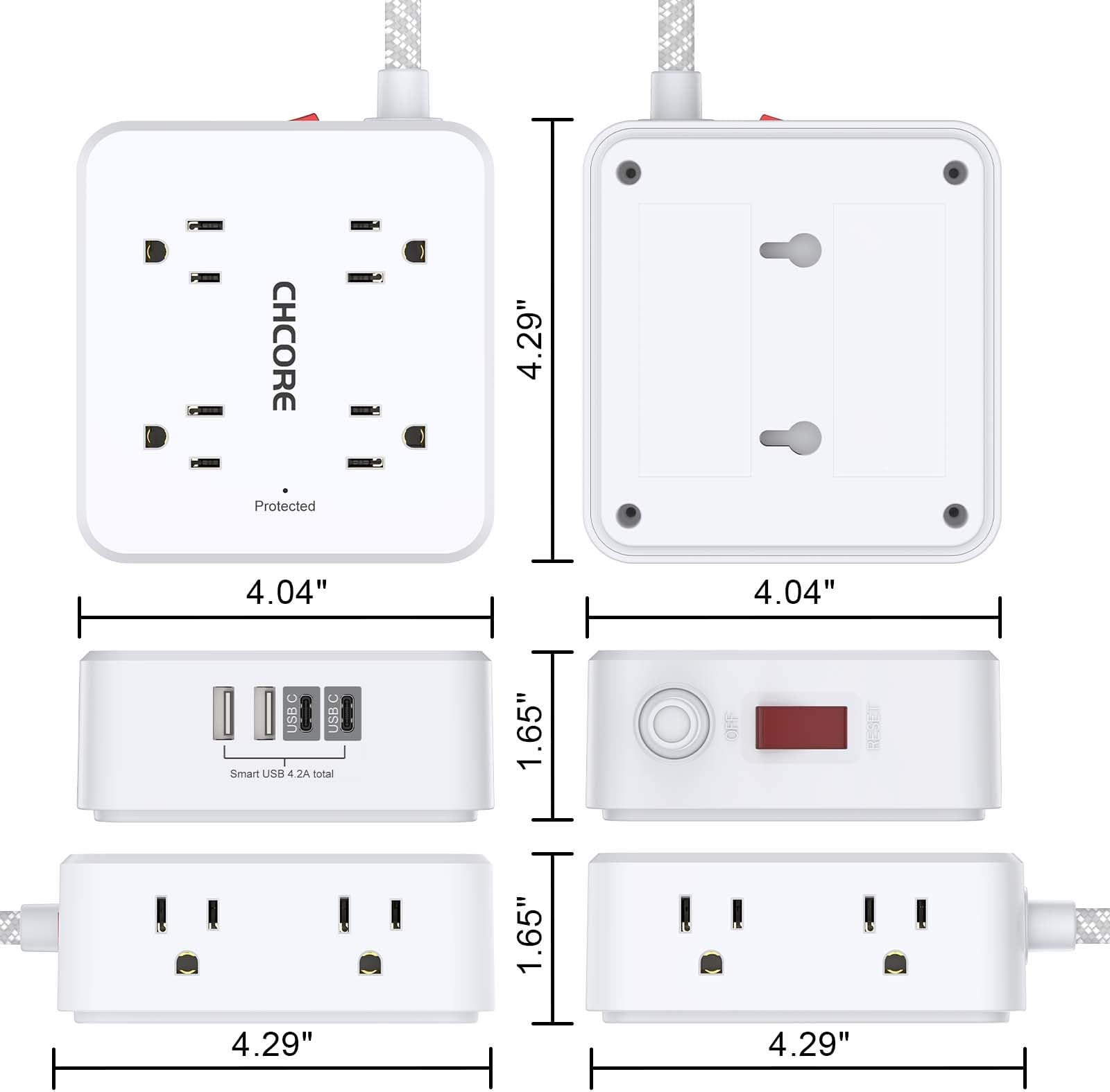 Braided Extension Cord 5ft 8 Outlets with 4 USB Charging Ports (2 USB C), Flat Plug Multiplug Extender Charging Station for Home Office, ETL, White