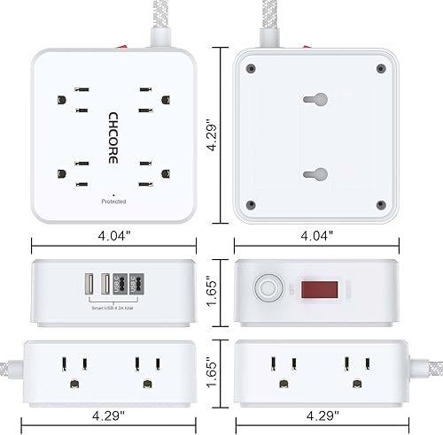 Miniatura 7 de Cable de extensión trenzado de 5 pies con 8 tomas de corriente con 4 puertos de carga USB (2 USB C), enchufe plano, extensor de múltiples enchufes,