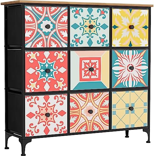 YILQQPER Dresser for Bedroom 9 Drawer Dressers & Chests of Drawers Tall Dresser for TV Stand, Organizer Fabric Storage, Closet and Nursery Kids and Adult, Fabric Bins, Wood Top, Boho Colorful Painted