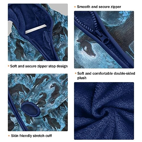 Black Horses Blue Floral Boys Fleece Hoody Jacket Zip Up Coat Warm Fall Winter Plush Jacket Long Sleeve Outerwear3