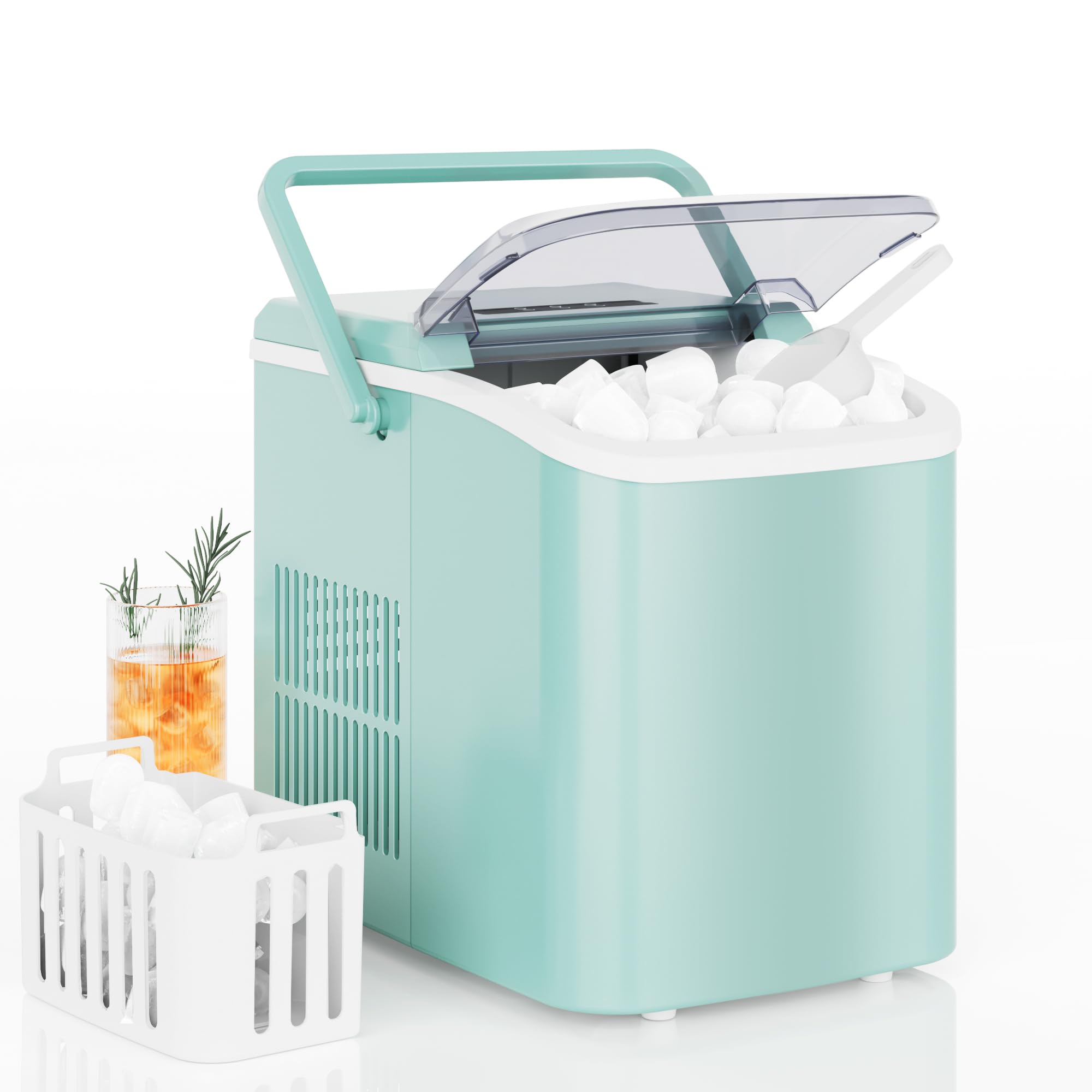 DUMOS Ice Makers Countertop with Handle Ice Machine, Fast in 6 Mins, 26lbs in 24 Hours, Quiet Self-Cleaning, Compact Size Portable for Home, Kitchen, RV, Camping, Green
