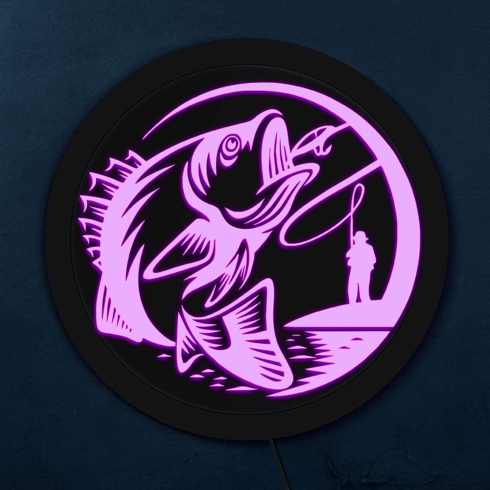 The Geeky Days Fishing LED Illuminated Plexi Glass Display Sign Sea Bass Fish Light Up Logo LED Hanging Lighting Neon Board Fisherman Personalized Home Decor