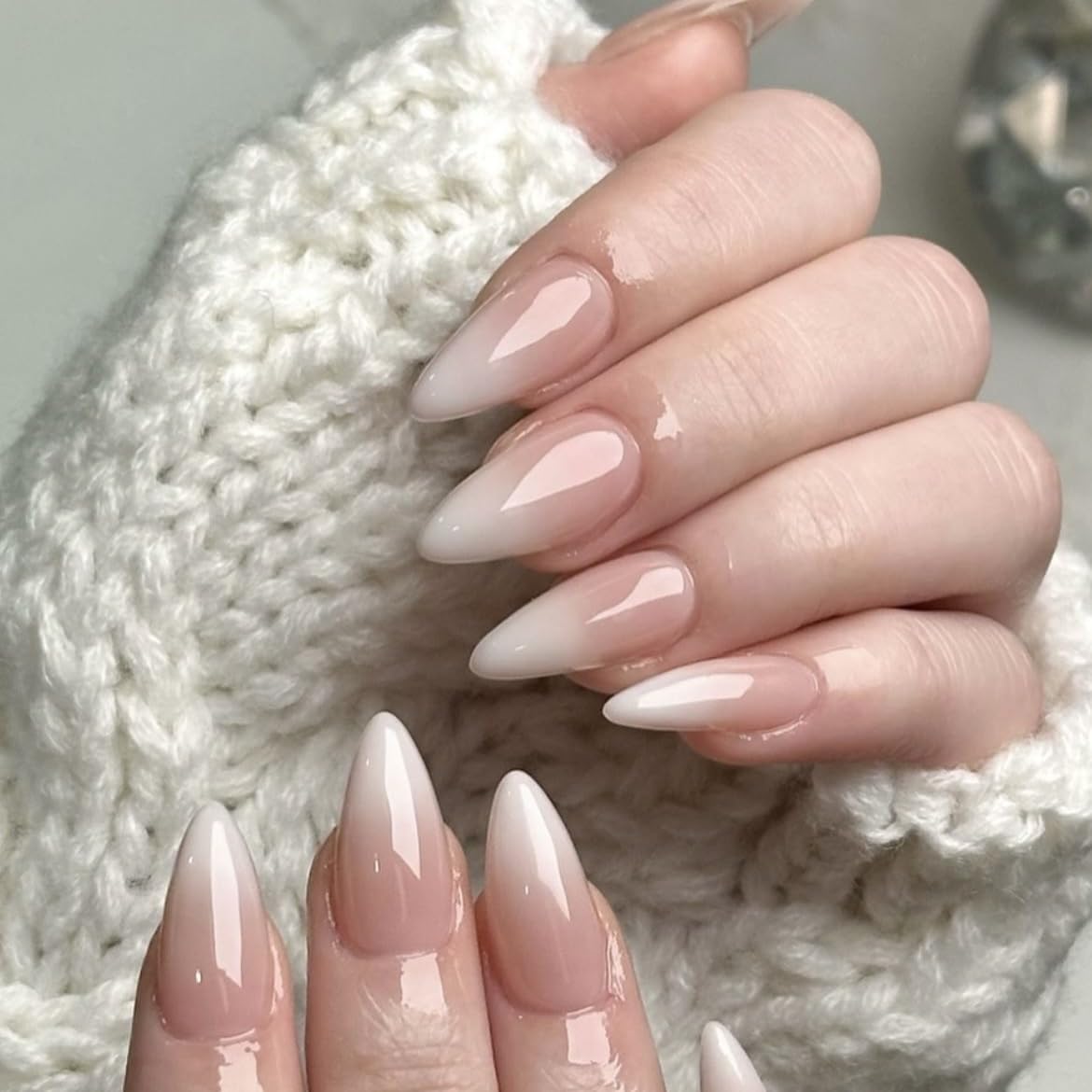 KQueenest Ombre Press on Nails Almond, French Tip False Nails Medium Stiletto, Gradient Nude Pink Fake Nails Press ons - Image 2