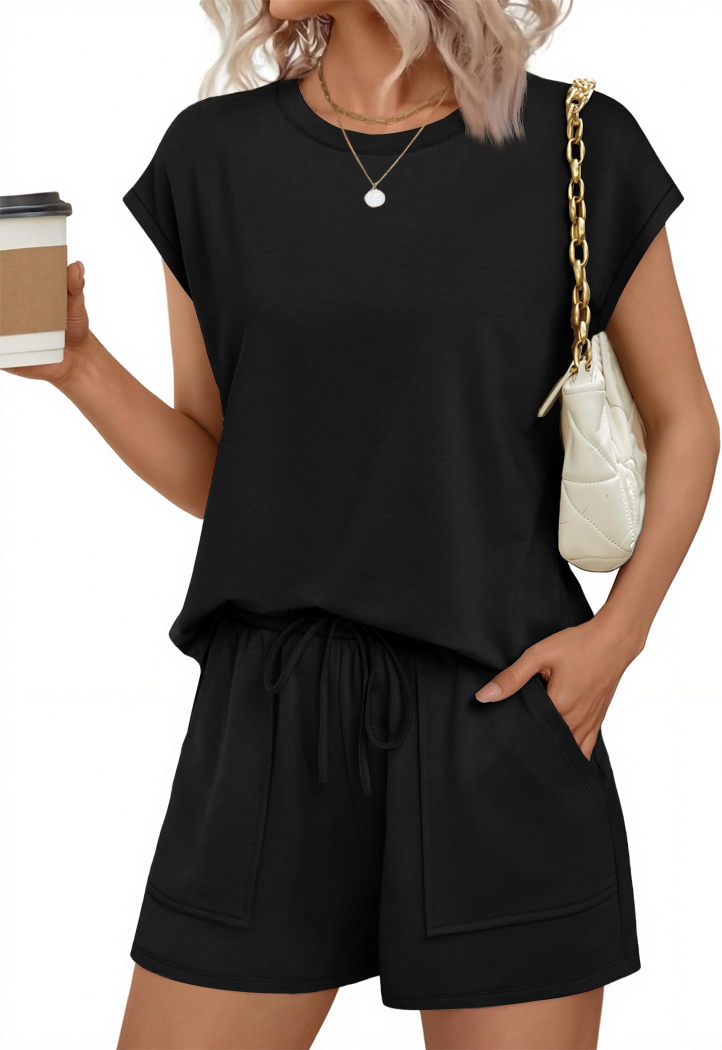 Two Piece Sets for Women Summer Crew Neck Lounge Short Sets Cap Sleeve Drawstring Vacation Outfits with Pocket