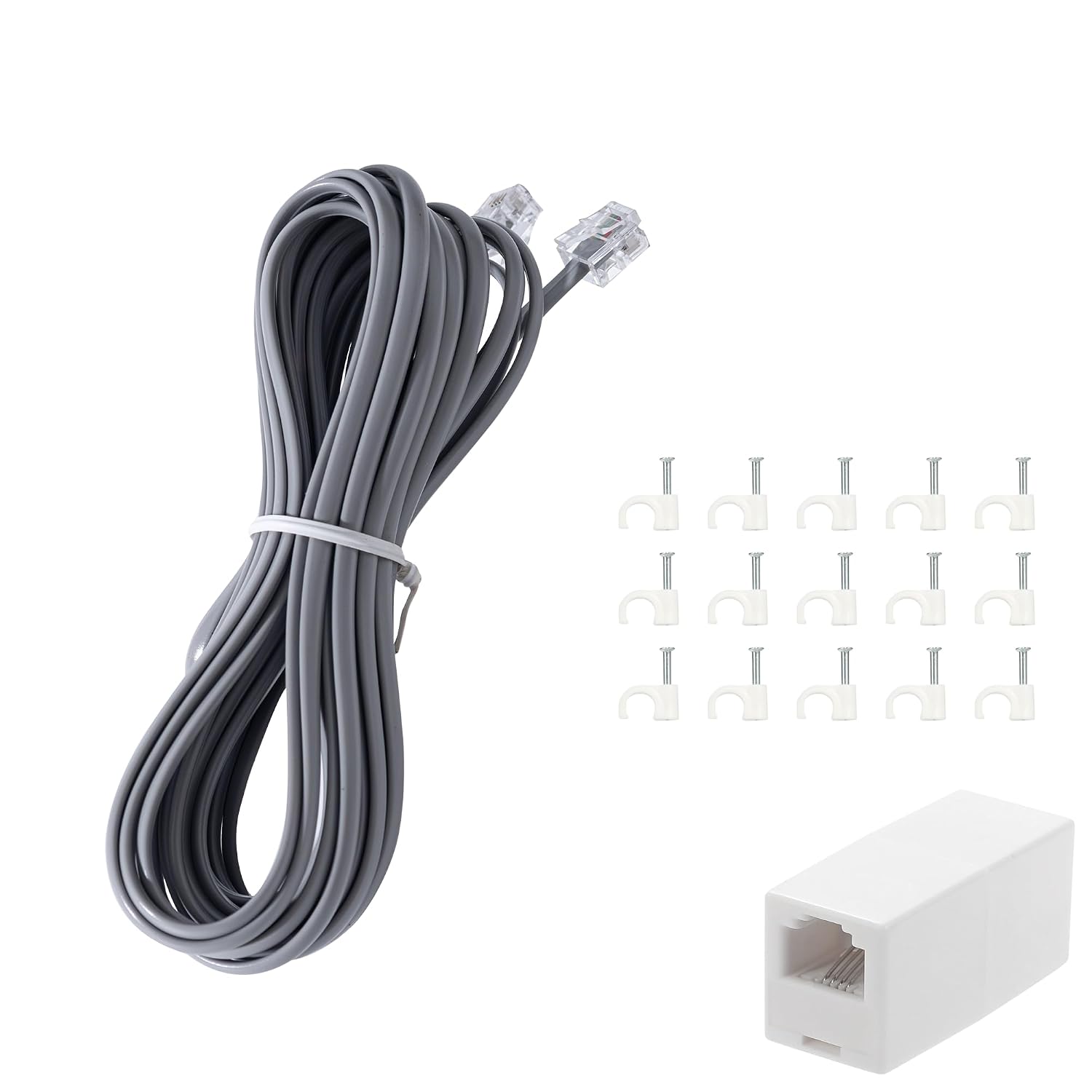 Phone Extension Cord 15 FT Long Phone Cable Line Wire, with Standard RJ11 Plug andIncludes Telephone Inline Coupler RJ11 Splitter and 15 Cable Clip Holders, Grey